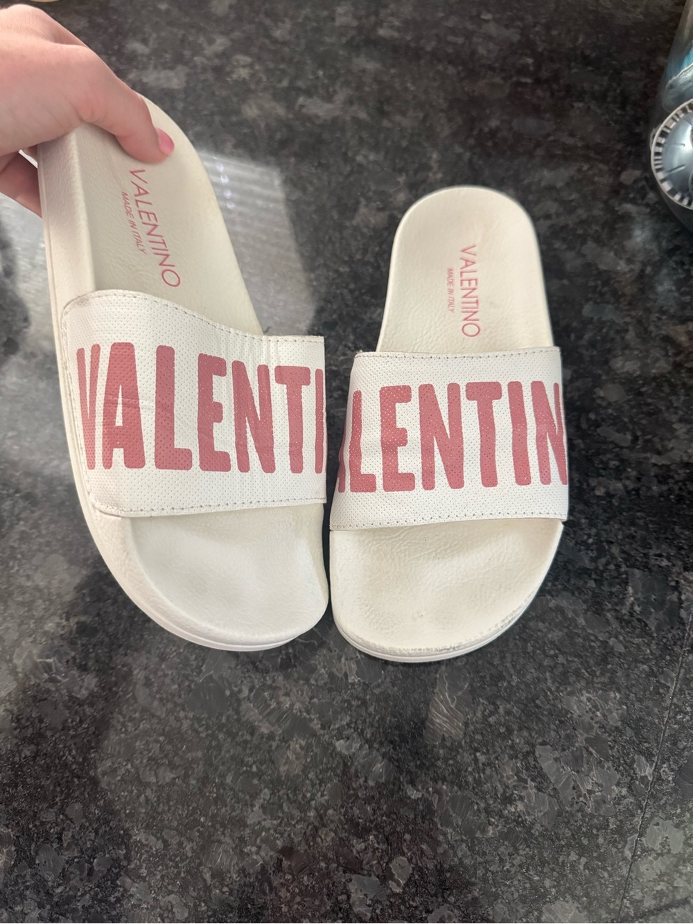 Valentino White Slide Sandals with Rose Logo